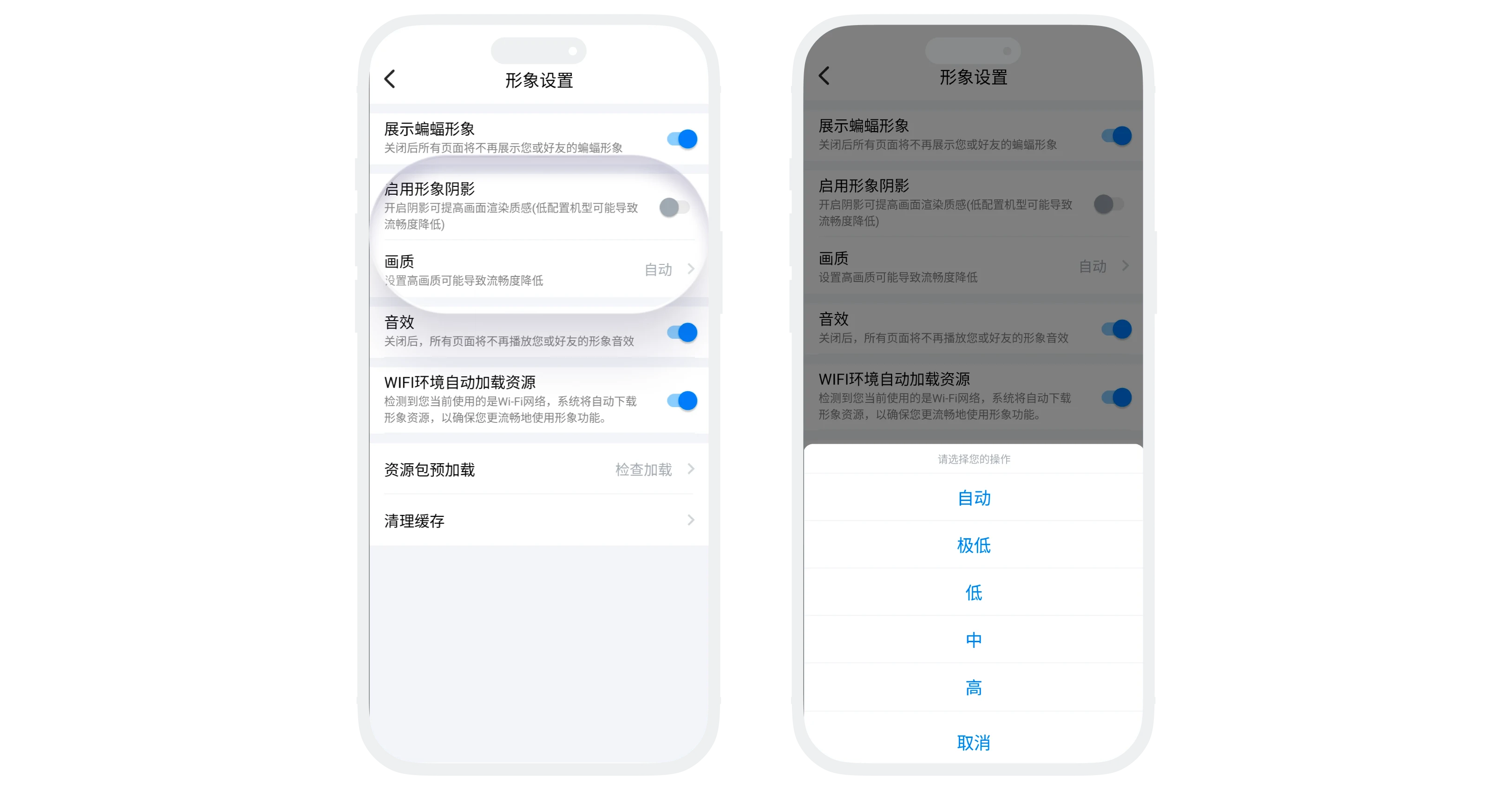 形象阴影与画质设置的界面截图