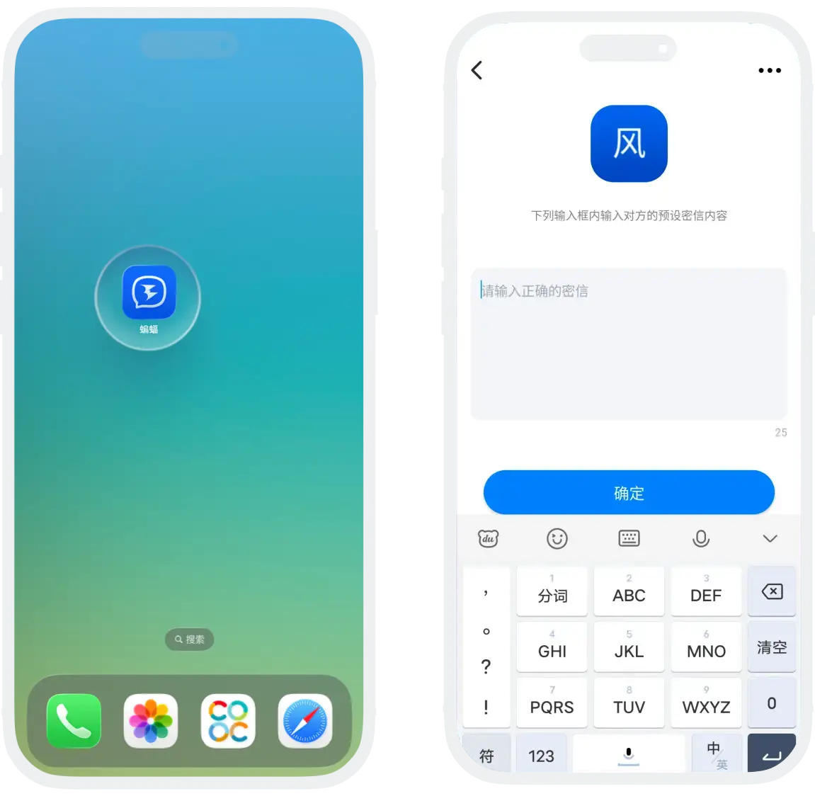 好友进入聊天时显示密信输入框并输入正确暗语后进入聊天的截图